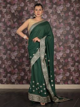 Odette - Women Green Georgette Embroidered Saree with Unstitched Blouse