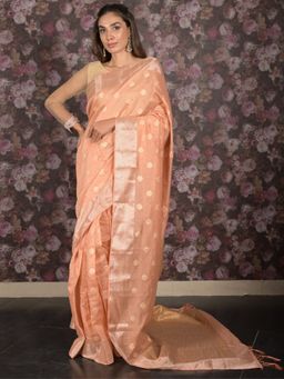 Odette - Women Peach Silk Blend Woven Saree with Unstitched Blouse
