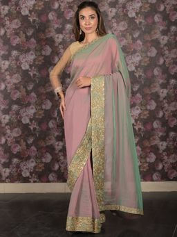 Odette - Women Green Crepe Embroidered Saree with Unstitched Blouse