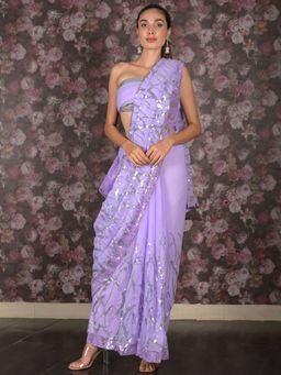 Odette - Women Lavender Georgette Embellished Saree with Unstitched Blouse