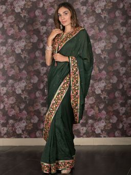 Odette - Women Green Satin Embroidered Saree with Unstitched Blouse