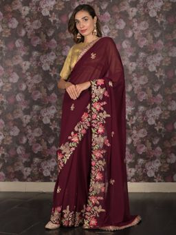 Odette - Women Purple Georgette Embroidered Saree with Unstitched Blouse