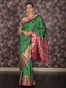 Odette - Women Green Silk Blend Woven Saree with Unstitched Blouse