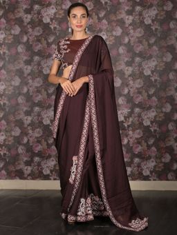 Odette - Women Burgundy Georgette Embroidered Saree with Unstitched Blouse