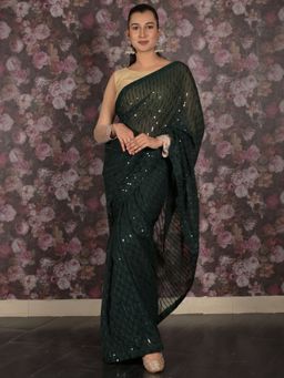 Odette - Women Green Georgette Embellished Saree with Unstitched Blouse