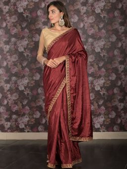 Odette - Women Maroon Silk Blend Solid Saree with Unstitched Blouse