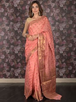 Odette - Women Peach Cotton Blend Woven Saree with Unstitched Blouse