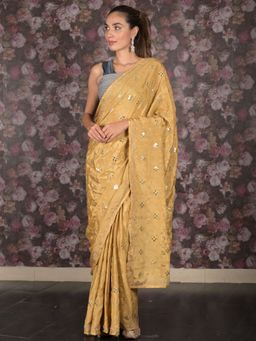 Odette - Women Gold Silk Blend Embroidered Saree with Unstitched Blouse