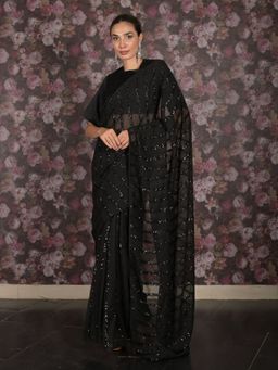 Odette - Women Black Georgette Embellished Saree