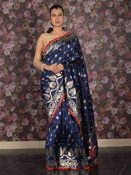 Odette - Women Navy Blue Silk Blend Woven Saree with Unstitched Blouse