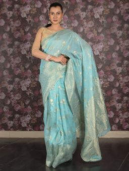 Odette - Women Blue Silk Blend Woven Saree with Unstitched Blouse