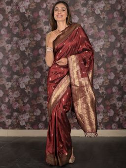 Odette - Women Maroon Silk Blend Woven Saree with Unstitched Blouse