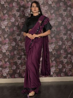 Odette - Women Purple Polyester Solid Saree with Unstitched Blouse