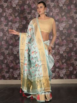 Odette - Women Blue Cotton Blend Floral Saree with Unstitched Blouse
