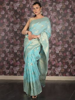 Odette - Women Blue Silk Blend Woven Saree with Unstitched Blouse