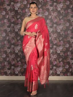 Odette - Women Pink Silk Blend Woven Saree with Unstitched Blouse