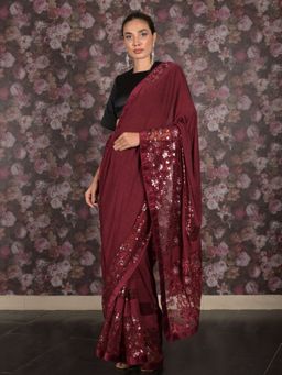 Odette - Women Maroon Lycra Embroidered Saree with Unstitched Blouse