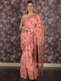 Odette - Women Peach Cotton Blend Woven Saree with Unstitched Blouse