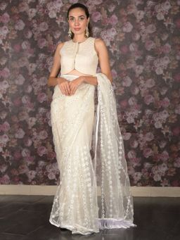 Odette - Women White Net Embroidered Saree with Unstitched Blouse