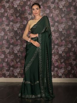 Odette - Women Green Satin Embellished Saree