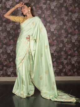 Odette - Women Green Silk Blend Woven Saree with Unstitched Blouse