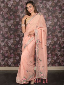 Odette - Women Peach Polyester Embroidered Saree with Unstitched Blouse