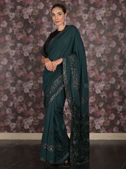 Odette - Women Green Lycra Embroidered Saree with Unstitched Blouse