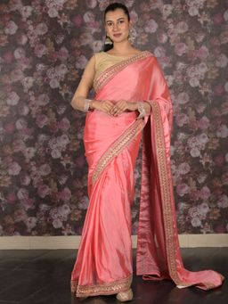 Odette - Women Pink Crepe Solid Saree with Unstitched Blouse