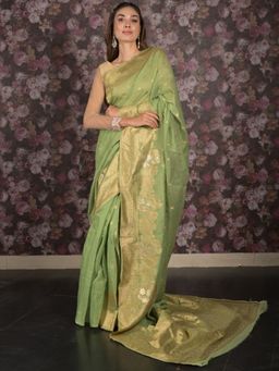 Odette - Women Green Cotton Blend Woven Saree with Unstitched Blouse