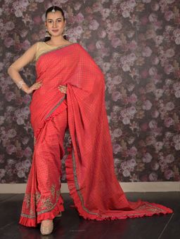 Odette - Women Red Polyester Checks Saree with Unstitched Blouse