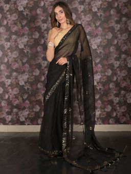 Odette - Women Black Poly Georgette Embroidered Saree with Unstitched Blouse