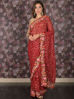 Odette - Women Maroon Georgette Embroidered Saree with Unstitched Blouse
