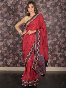 Odette - Women Maroon Crepe Embroidered Saree with Unstitched Blouse