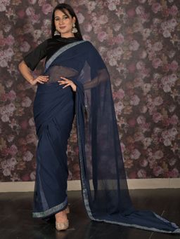 Odette - Women Navy Blue Poly Georgette Solid Saree with Unstitched Blouse