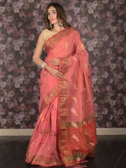 Odette - Women Orange Cotton Blend Woven Saree