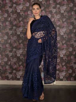 Odette - Women Navy Blue Net Embroidered Saree with Unstitched Blouse