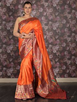 Odette - Women Orange Silk Blend Woven Saree with Unstitched Blouse