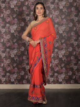 Odette - Women Red Chiffon Embroidered Saree