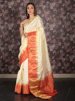 Odette - Women Cream Silk Blend Woven Saree