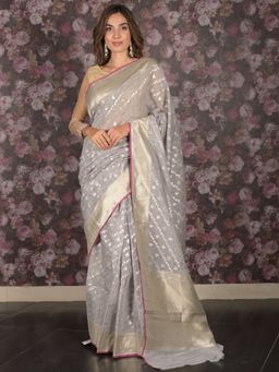 Odette - Women Grey Silk Blend Woven Saree with Unstitched Blouse