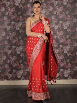 Odette - Women Red Silk Blend Embroidered Saree with Unstitched Blouse
