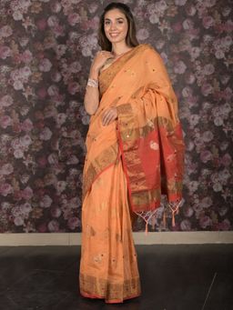 Odette - Women Orange Cotton Blend Woven Saree with Unstitched Blouse