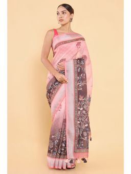 Soch - Women Peach Linen Printed Saree with Stitched Blouse