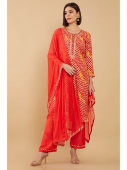 Soch - Women Red Silk Stripes Dress Material (Set of 3)