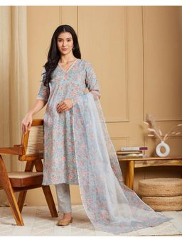 Fabindia - Blue Floral Cotton Kurta with Pant and Dupatta