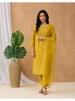 Fabindia - Green Cotton Silk Embroidered Kurta with Pant and Dupatta