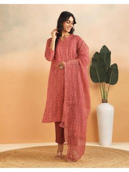 Fabindia - Rust Cotton Printed Floral Kurta with Pant and Dupatta
