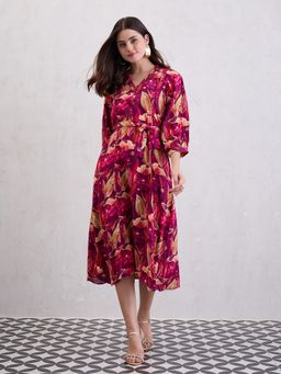 CHETI - Red Fit and Flared Dress with Belt