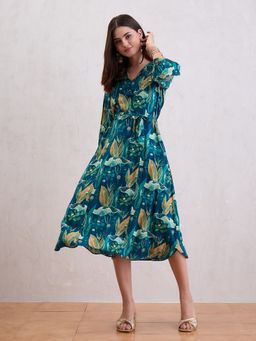 CHETI - Blue Fit and Flared Dress with Belt