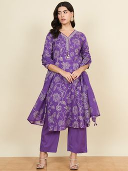 CHETI - Purple Pure Cotton Printed Kurta with Pant and Dupatta